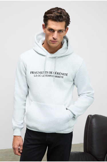 GRIMELANGE CORNELIUS Men's Hooded Sweatshirt with Printed Front and Sleeves, Drawstring, Kangaroo Pocket, Heather Gray