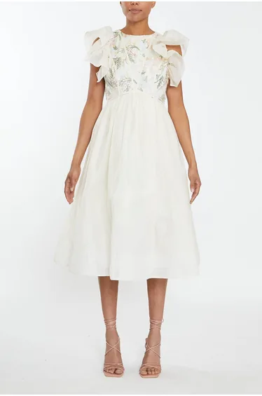 Millie Pastel Flower Lace Binding detail Ruffle Sleeves Midi Dress