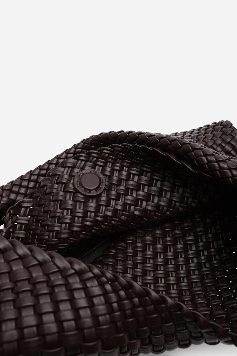 Stone Weave Detail Dark Brown Faux Leather Shoulder Bag - 5