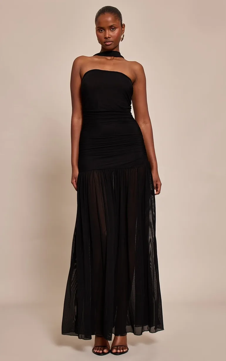 black drop waist maxi dress Chantelle | High-Neck With Drop-Waist And Cape-Sleeves line silhouette Women's Linen-Blend Drop-Waist Maxi Dress