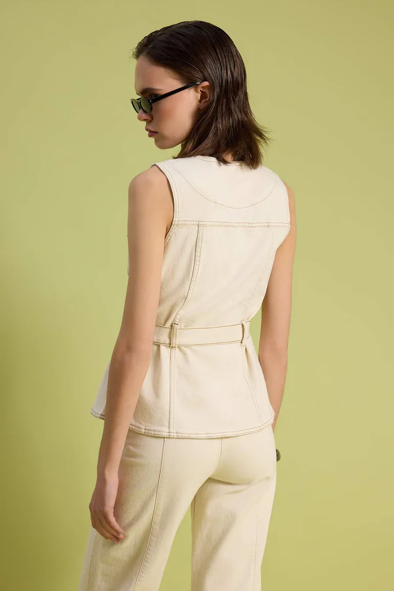 Ecru belted pocket detailed denim vest - 3