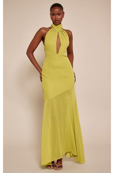 Green Chiffon Asymmetric Dropped Waist Halterneck Maxi Dress