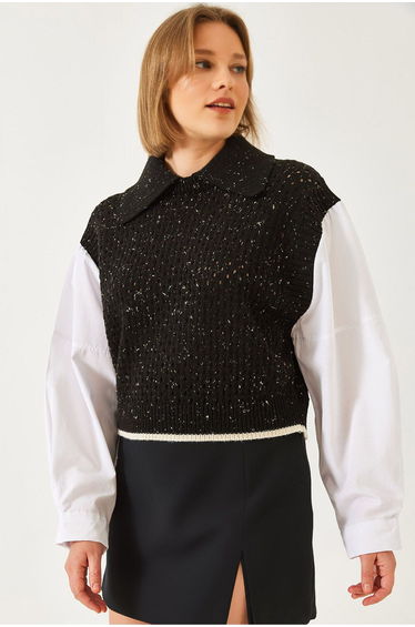 LUCCI Textured Knit Crop Sweater with Shirt Collar