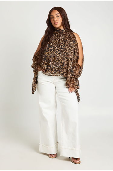 Plus Leopard Chiffon Halterneck Long Sleeve Draped Blouse - brown