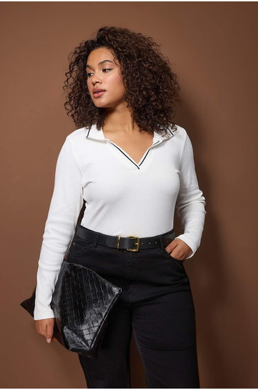 White knitwear collar detailed fitted/fit to the body ribbed flexible knit blouse tbbaw26af00020