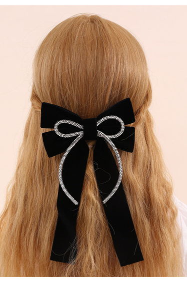 Rhinestone Decor Velvet Bowknot Hair Clip in Black
