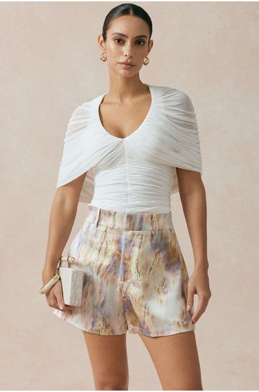 Mesh V-Neck Ruched T-shirt