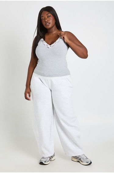 Plus Lace Trim Tie Keyhole Top - grey marl