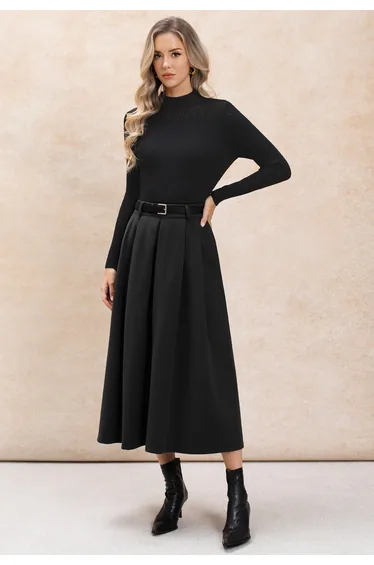 Effortlessly Polished Pleated Belt Skirt in Black