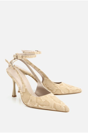 Women's Beige Patterned Ankle Strap Pointed Toe Stiletto Heel U Shoes