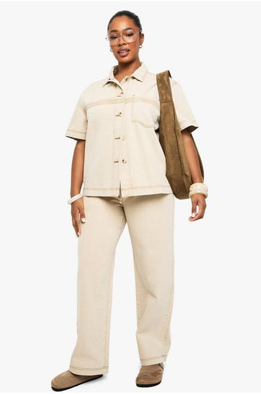 Plus Washed Stitch Detail Denim Shirt - sand