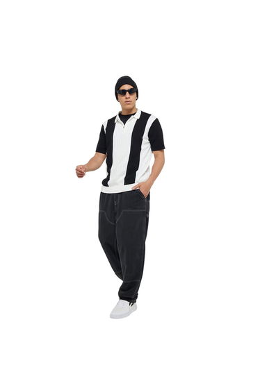 Brave Soul Mens Striped Quarter Zip Polo Shirt - Cream/Jet Black