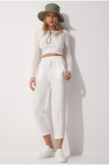 Women's White Linen Baggy Pants with Side Pockets