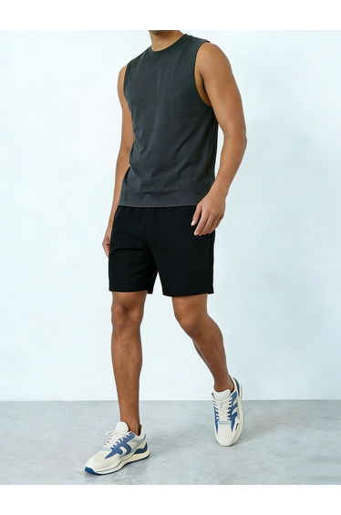 Men Charcoal Solid Round Neck Tank and Shorts Co-Ords