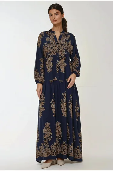 Printed Long Sleeve Viscose Maxi Dress