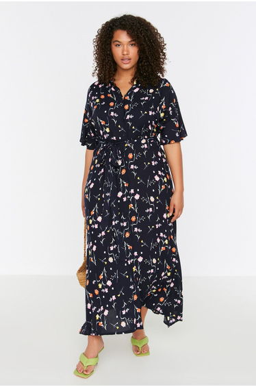 Navy Plus Floral Pleated A-Line Maxi Dress