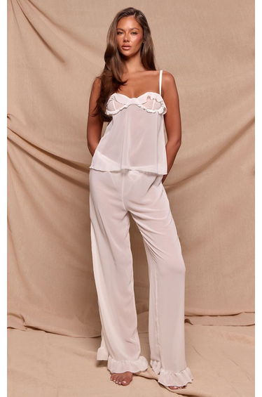 White Frill Detail Sheer Chiffon Pyjama Set