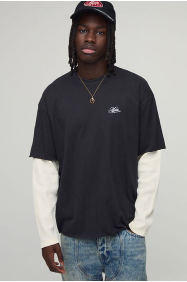 Oversized Waffle Faux Layer Heavyweight Heartbreak T-Shirt - black