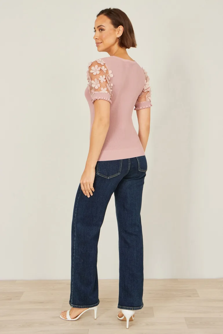 Yumi Blush Knitted Top With Floral Applique - 4