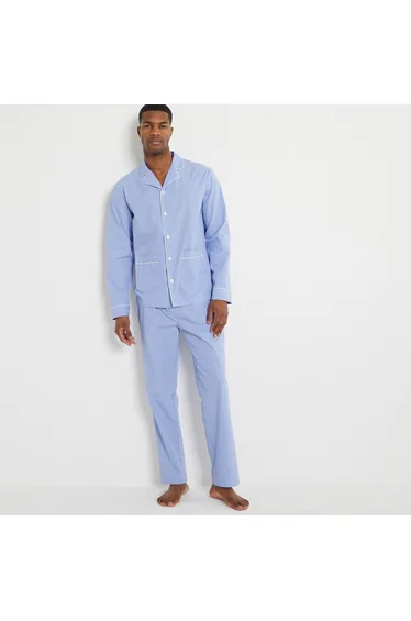 Striped Cotton Pyjamas with Buttoned Top/Straight Trousers