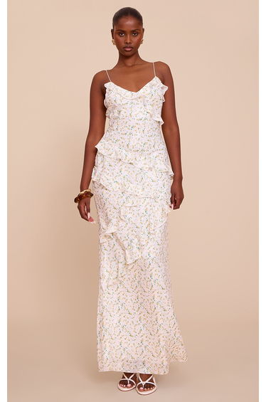 White Ditsy Floral Embroidered Frill Maxi Dress