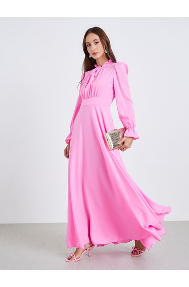Women Pink Tie-up Neck Pleated Maxi Dress