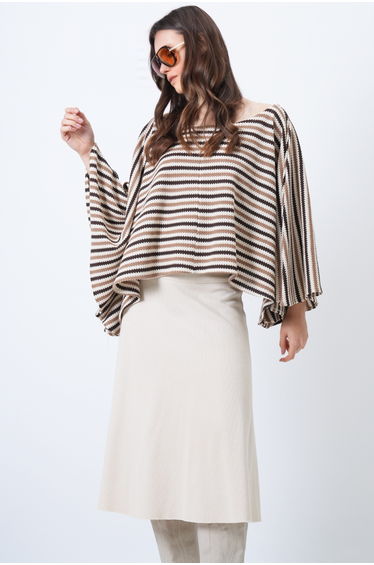 Women's Ecru Brown Boat Neck Patterned Cape Cut Blouse
