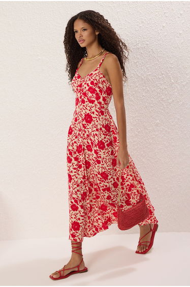 Pink Floral Skirt Opening at Waist Gipel Midi Woven Dress