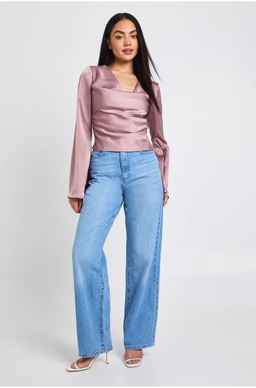 Long Sleeve Satin Cowl Neck Top - rose