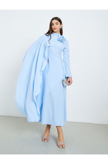 Women Blue Embellished Cape Detail Midi Dress