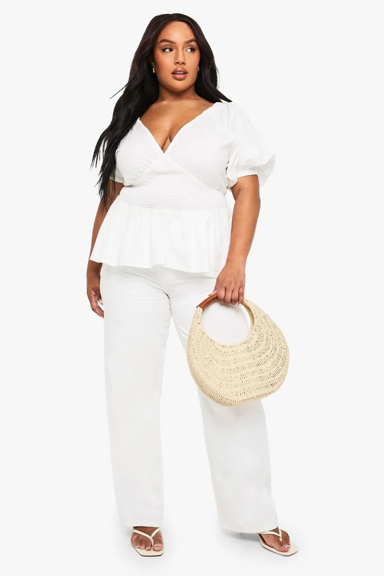 Plus Cotton Puff Sleeve Tie Back Smock Top - white