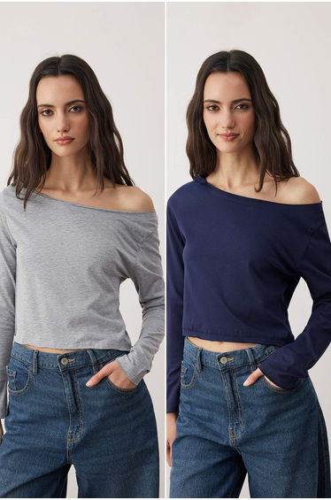 Teen Navy Blue-Grey Melange 100% Cotton Open Shoulder Neckline Relaxed Fit Knitted T-Shirt