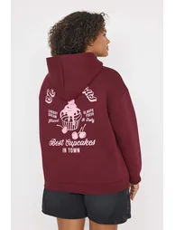 Burgundy Printed Oversize/Wide Fit Large Size Sweatshirt with Fleece Inside - 1