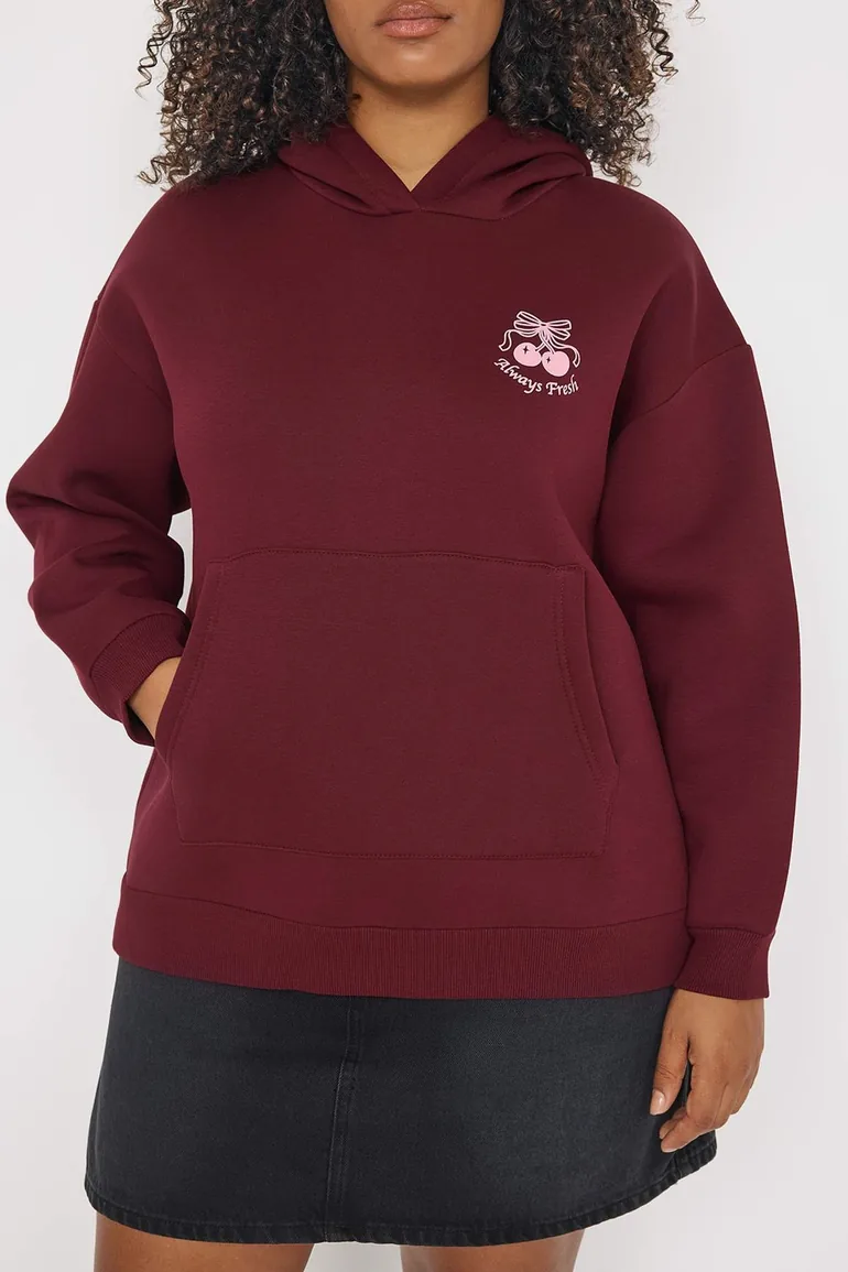 Burgundy Printed Oversize/Wide Fit Large Size Sweatshirt with Fleece Inside - 2