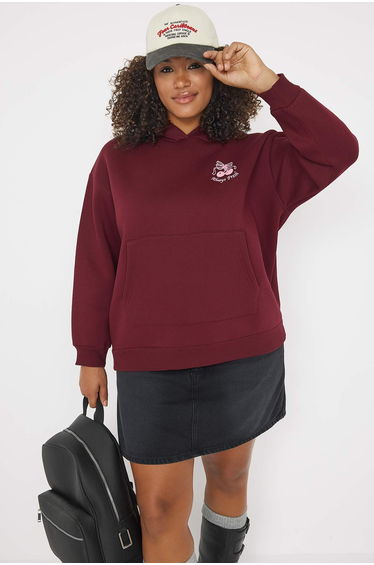 Burgundy Printed Oversize/Wide Fit Large Size Sweatshirt with Fleece Inside