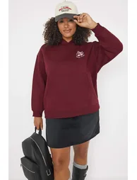 Burgundy Printed Oversize/Wide Fit Large Size Sweatshirt with Fleece Inside
