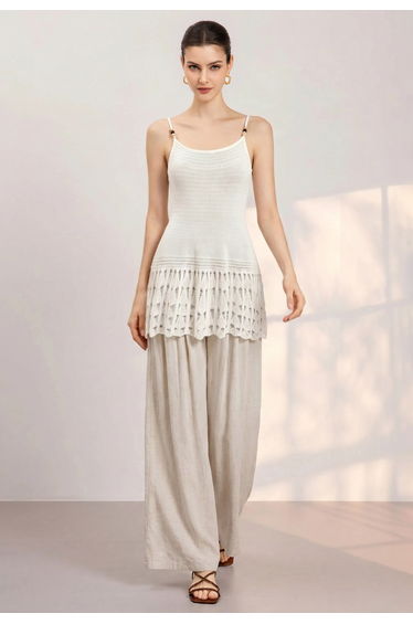Beaded Strap Pointelle Knit Longline Cami Top in Ivory for Resort Getaway & Town Sightseeing