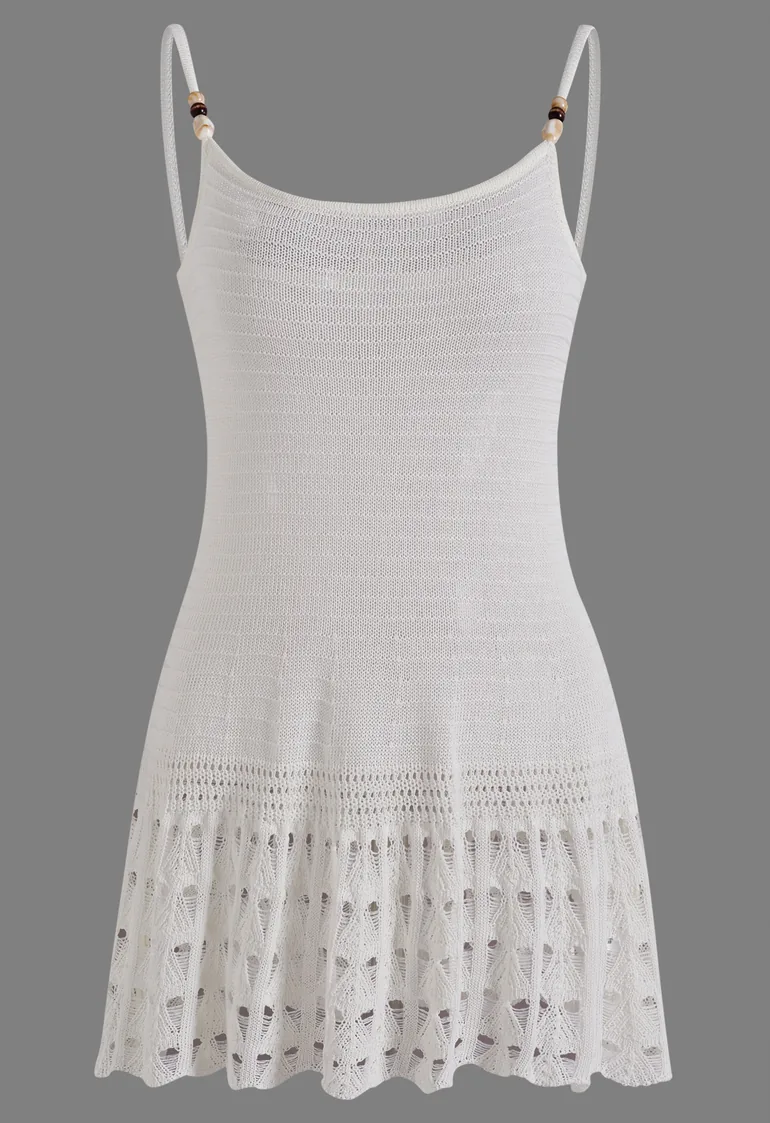 Beaded Strap Pointelle Knit Longline Cami Top in Ivory for Resort Getaway & Town Sightseeing - 2