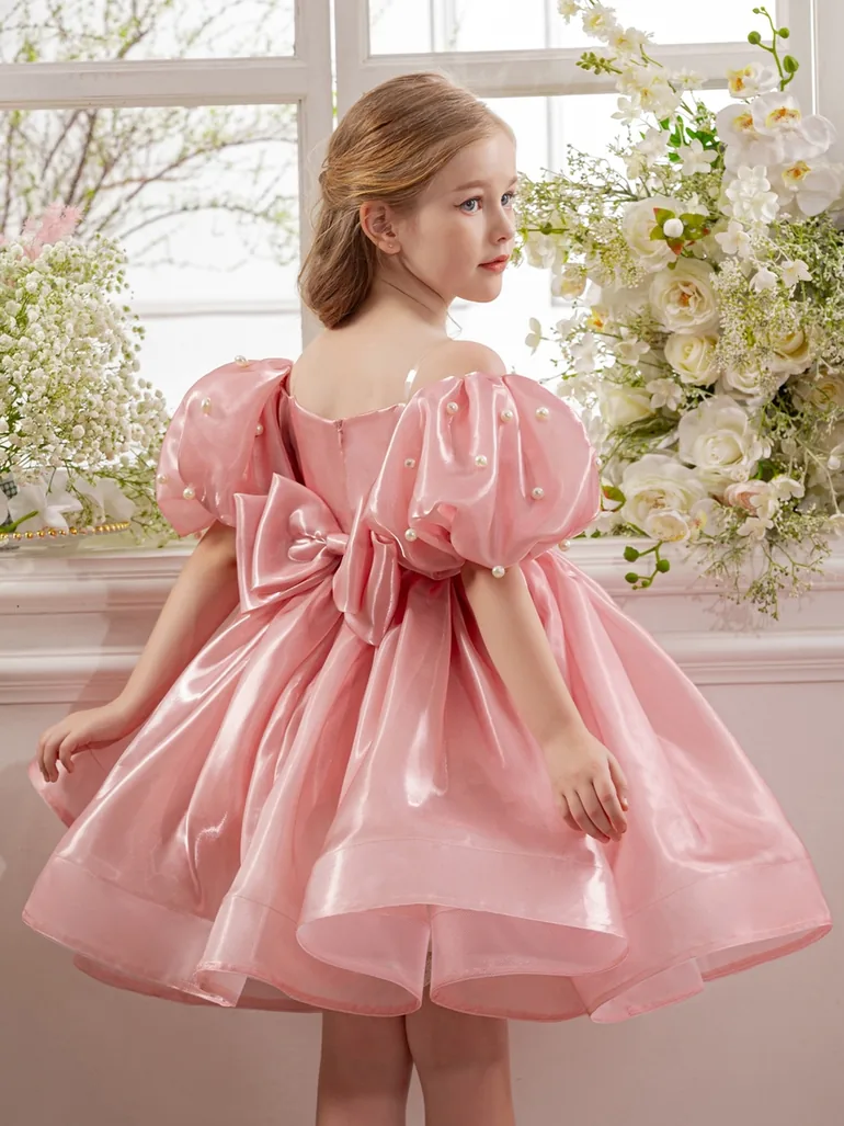 Girls Pink Pearl Puff Faux Pearl Embellished Dress - 2