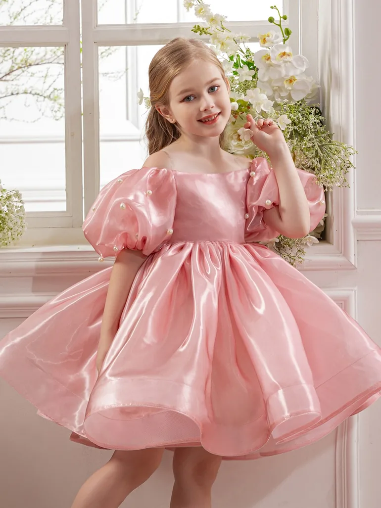 Girls Pink Pearl Puff Faux Pearl Embellished Dress - 1