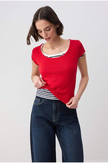 Red Fitted/Bodycon Pool Collar Short Sleeve Soft Knitted Blouse