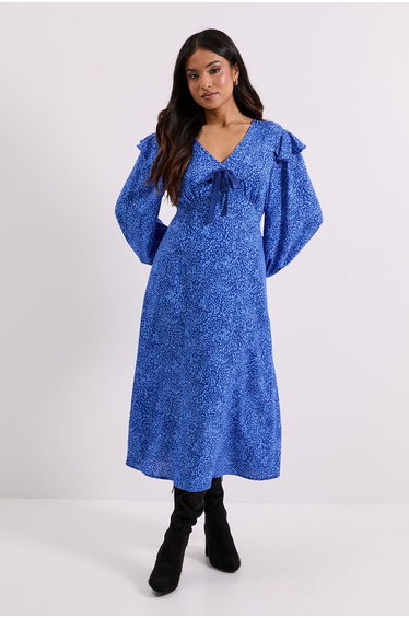 Petite Blue Animal Contrast Bow Detail Frill Printed Midaxi Dress
