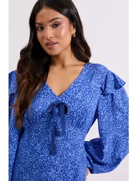 Petite Blue Animal Contrast Bow Detail Frill Printed Midaxi Dress - 3