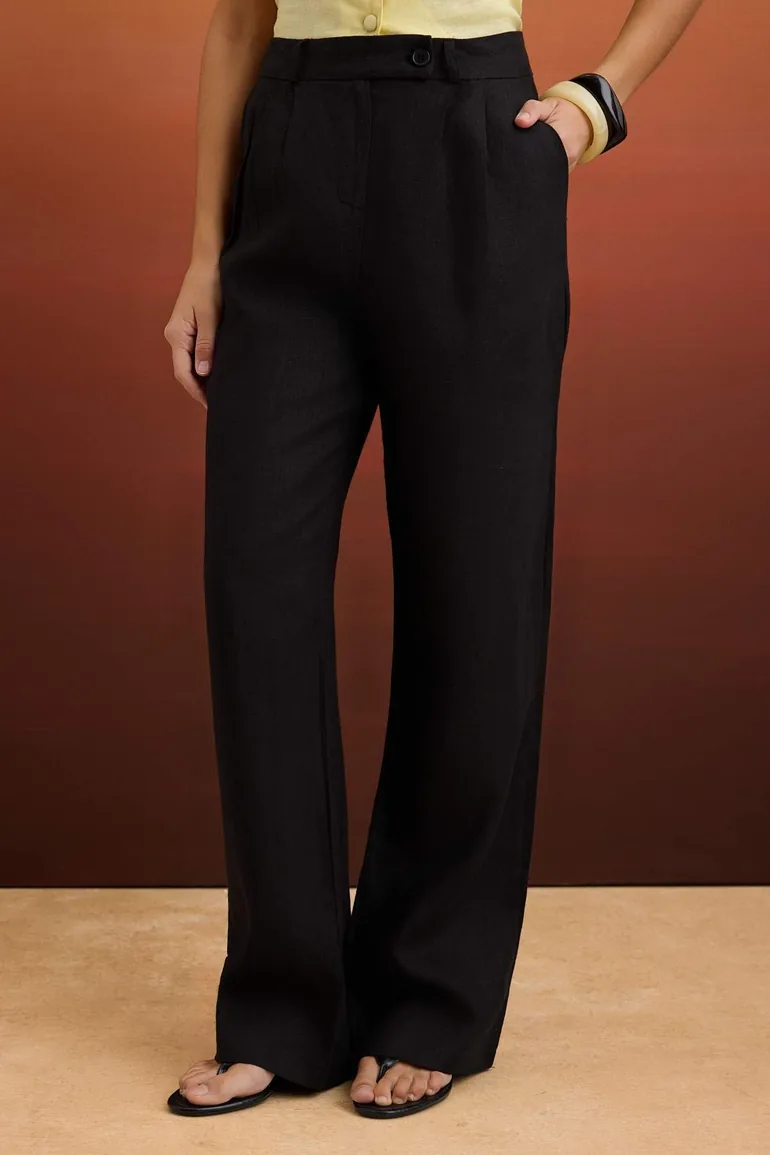 Black 100% Linen Pleated High Waist Wide Leg Pants - 1