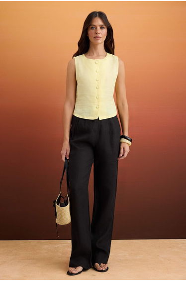 Black 100% Linen Pleated High Waist Wide Leg Pants