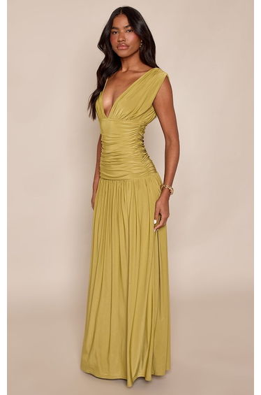 Olive Double Layer Slinky Plunge Sleeveless Maxi Dress