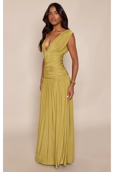 Olive Double Layer Slinky Plunge Sleeveless Maxi Dress