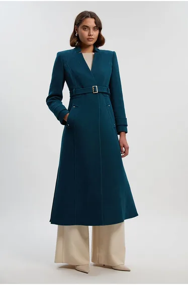 Wool Investment Notch Neck Belted Detail Tailored Maxi Coat