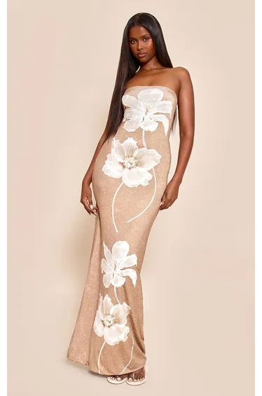 Taupe Flower Print Bandeau Maxi Dress