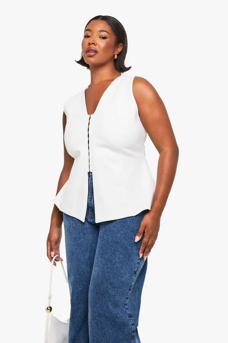 Plus Hook And Eye Cinched Waistcoat - white - 2